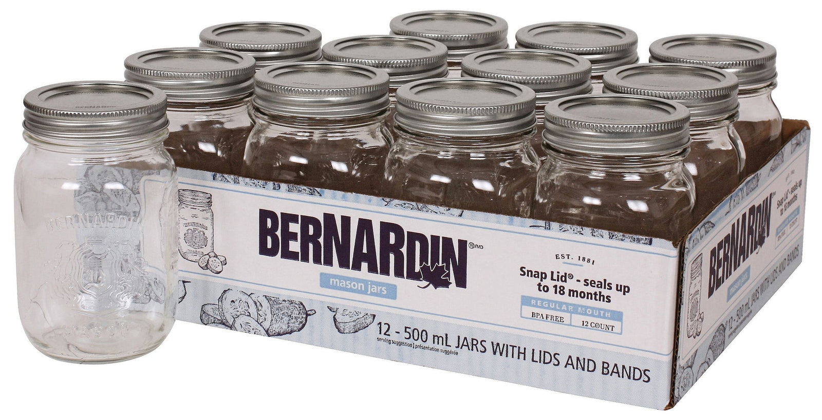 Regular Mouth Glass Mason Jars with Snap Lids, 500 mL, 12 Count B6R1 - product image 1