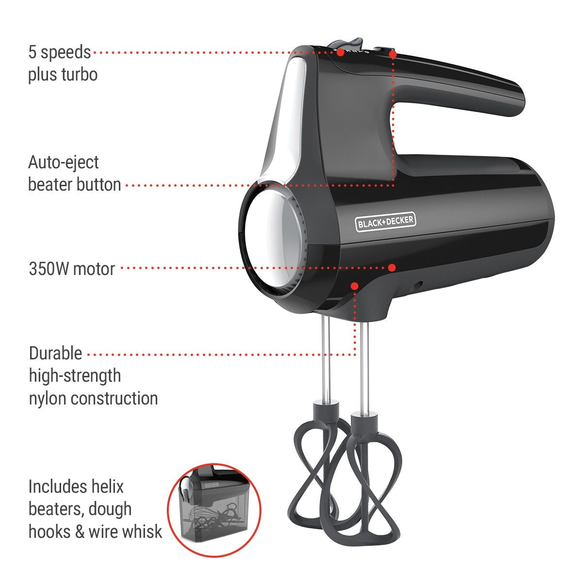 Helix Hand Mixer, Premium Performance 5 Speed Hand Mixer, Includes 5 Attachments and Case, Black B5H9 - product image 4
