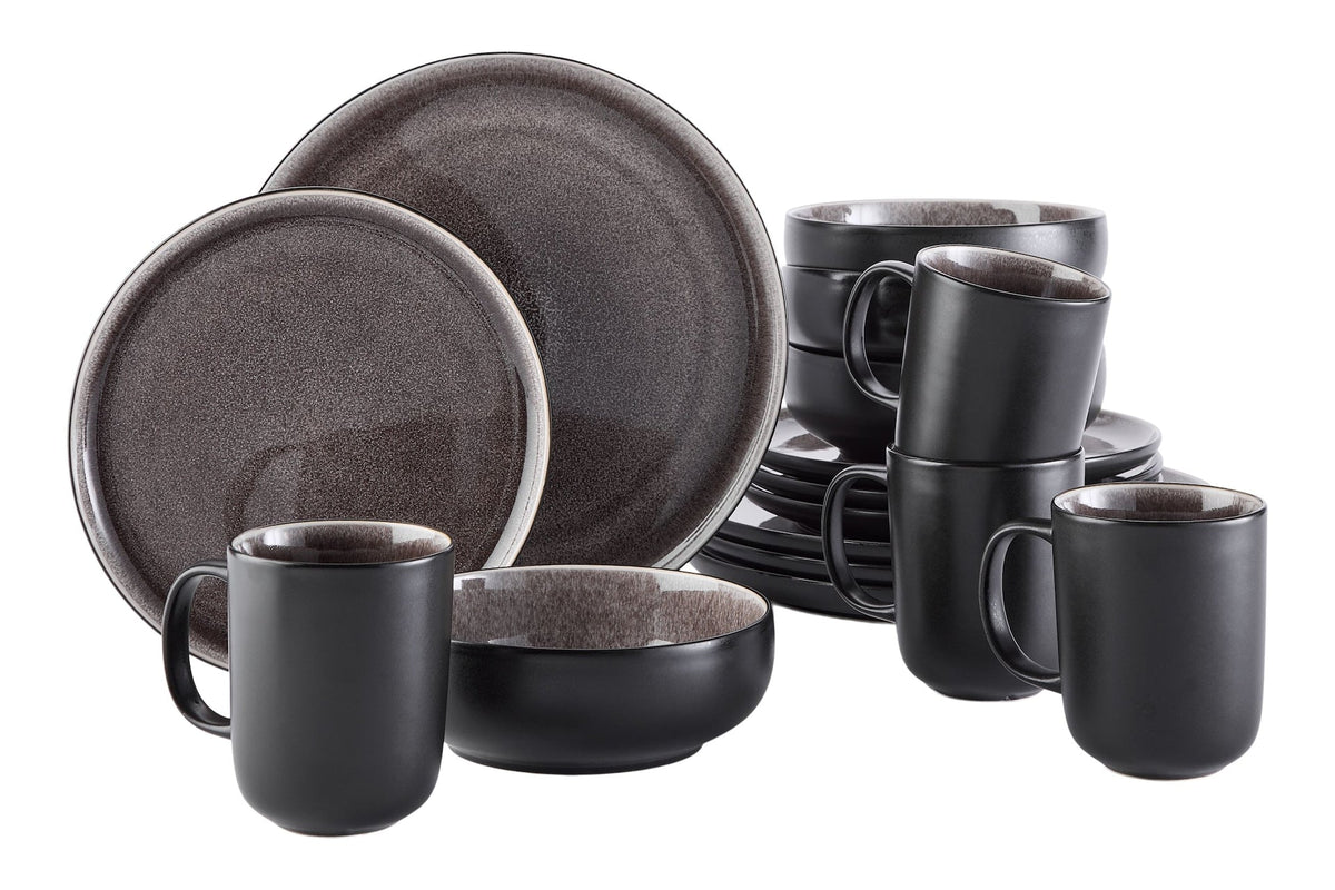 Kenway Stoneware Dinnerware Set, Serves 4, 16-pc, Matte Black & Taupe Reactive Glaze F7G3 - product image 1