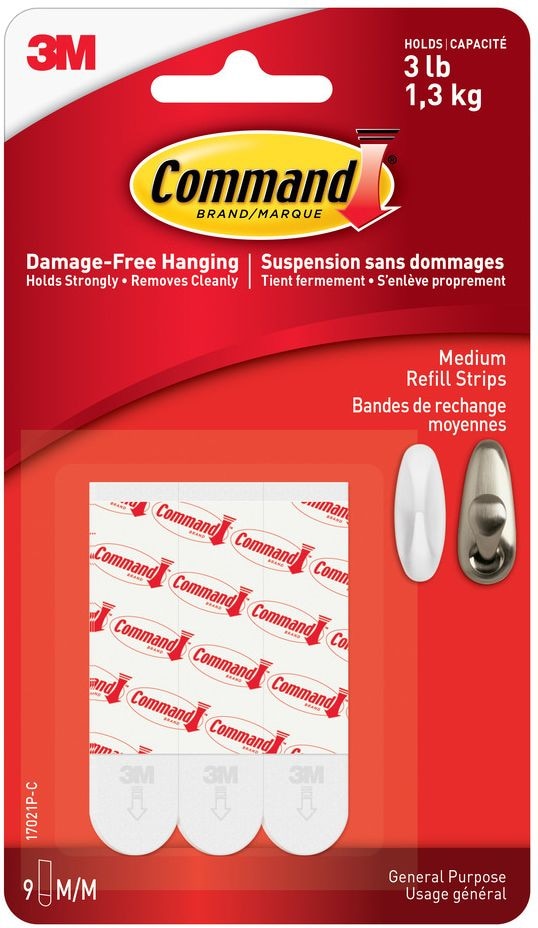 Medium General Purpose Refill Strips for Adhesive Hooks, White, 3-lbs, 9 Strips per Pack L7V9 - product image 1