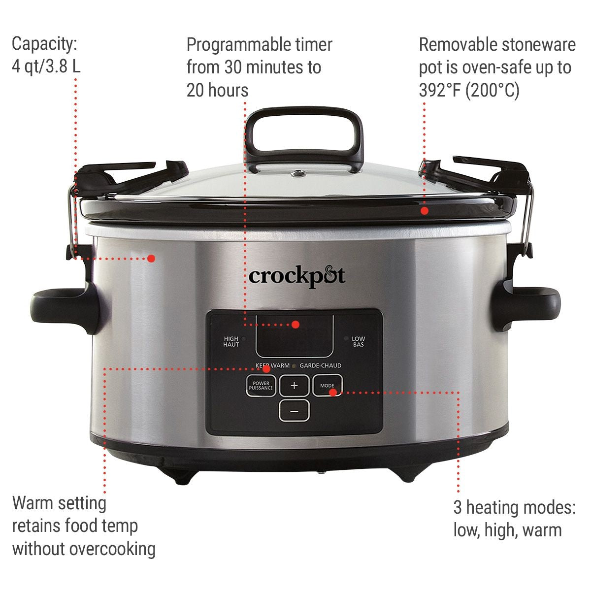 Digital Programmable Slow Cooker with Locking Lid, Feeds 4 People & More, Stainless Steel, 4-qt H4P1 - product image 2