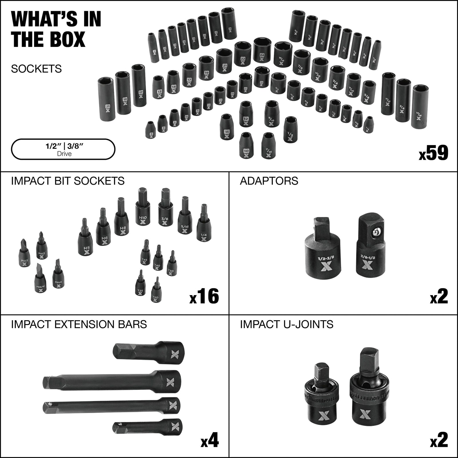 3/8-in & 1/2-in Drive Professional Grade Impact Socket Set, 83-pc, CRMO Y0S0 - product image 4