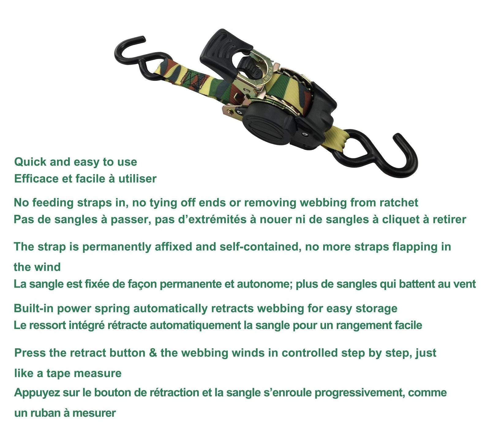 1,200-lb Retractable Camo Ratchet Tie Down Straps, 1-in x 10-ft, 2-pk M1F3 - product image 4