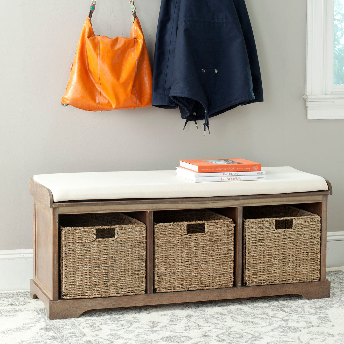Lonan Wicker Storage Bench, Grey Wash/White, 16.1-in x 47-in x 19.9-in Z4F6 - product image 8