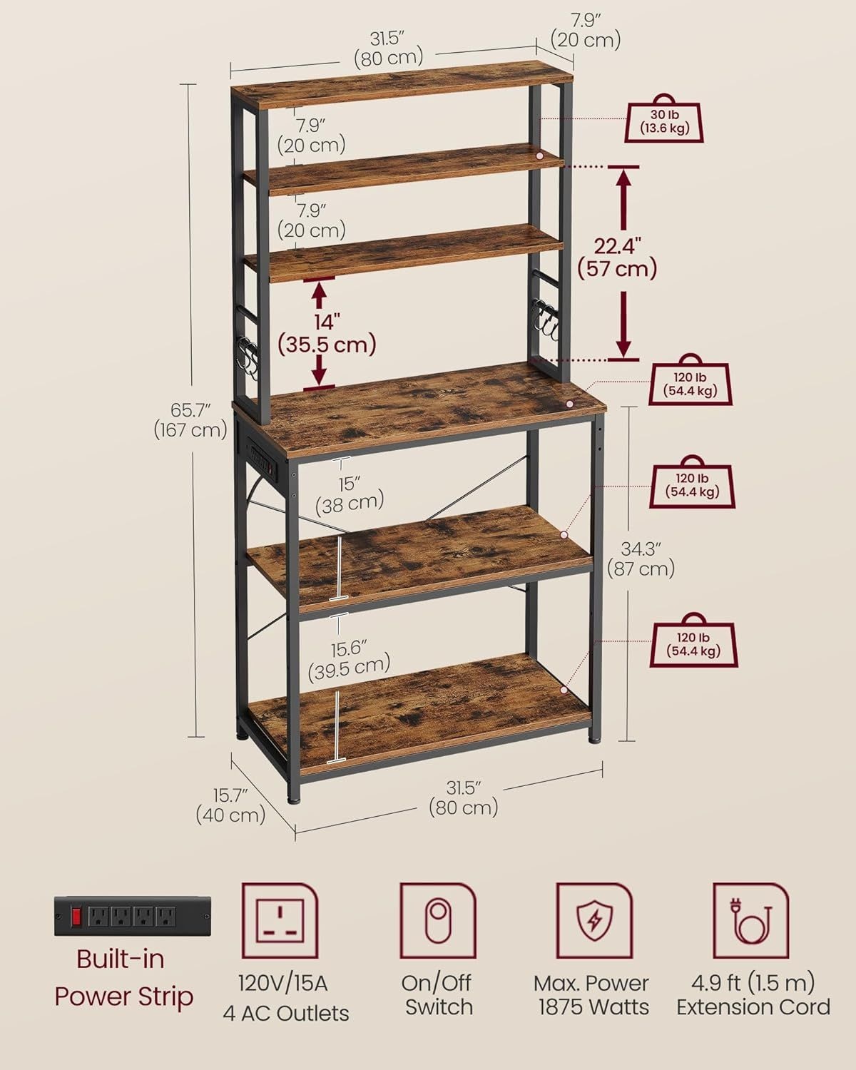 Home Small Rustic Brown Baker's Rack with 4 AC Outlets R8K6 - product image 5