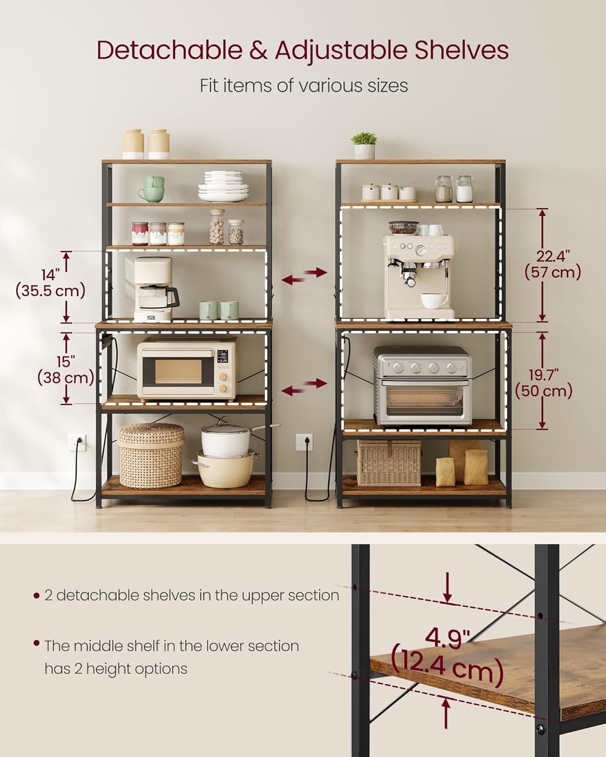 Home Small Rustic Brown Baker's Rack with 4 AC Outlets R8K6 - product image 8