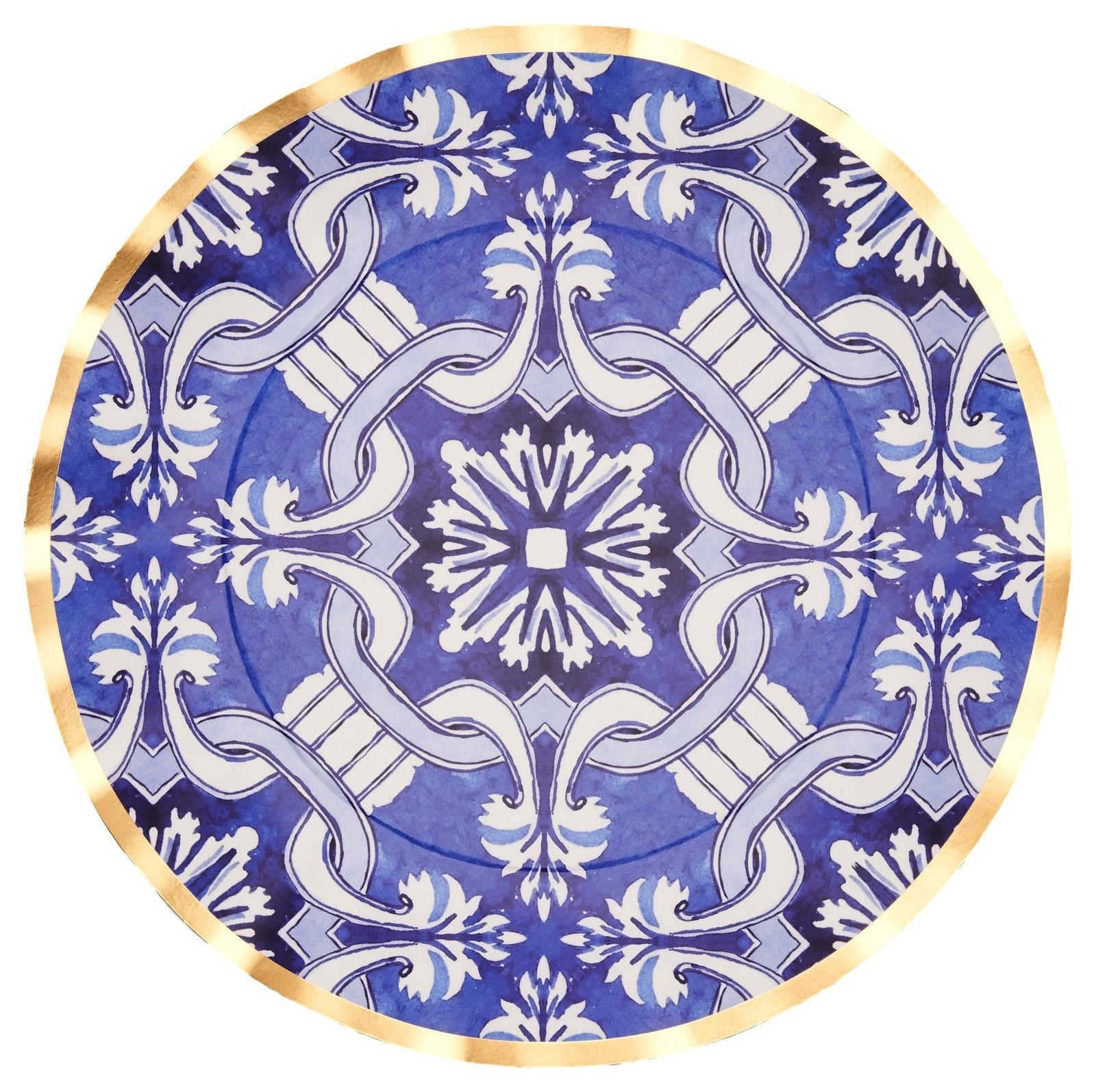 Moroccan Nights Round Bordered Trimmed Paper Disposable Dinner Plates, Blue/Gold, Tile, 10-in, 8-pk, for Mother's Day/Easter W4J2 - product image 1