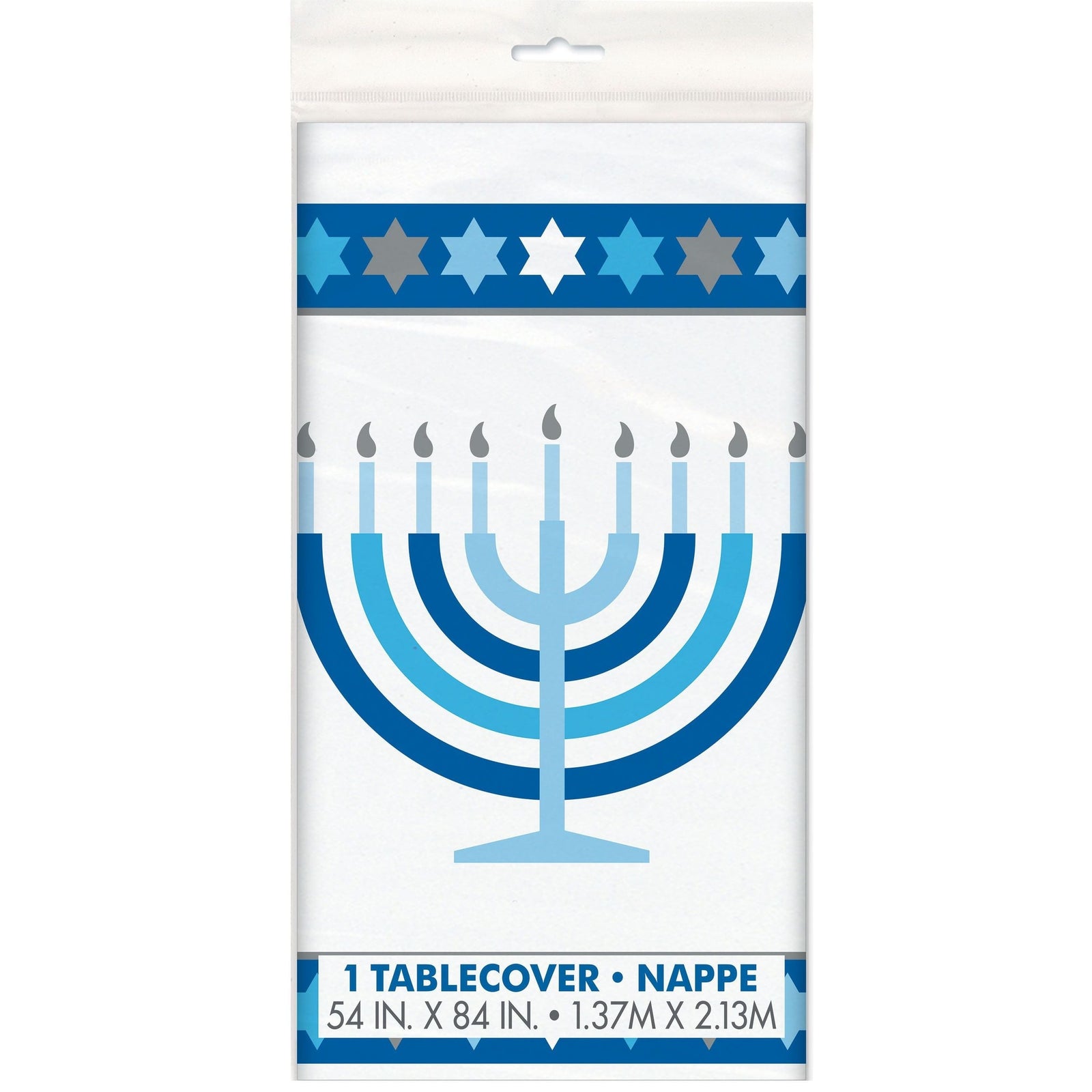 Rectangle Plastic Reusable Table Cover, White/Blue, 54x108-in, for Hanukkah A8M1 - product image 1