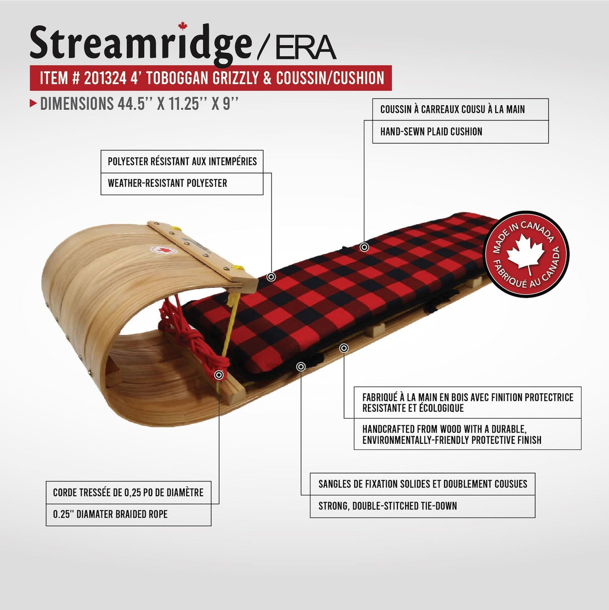 Grizzly Kids' Traditional Vintage Wooden Winter Toboggan Sled & Seat Pad, 4-ft K5X8 - product image 4