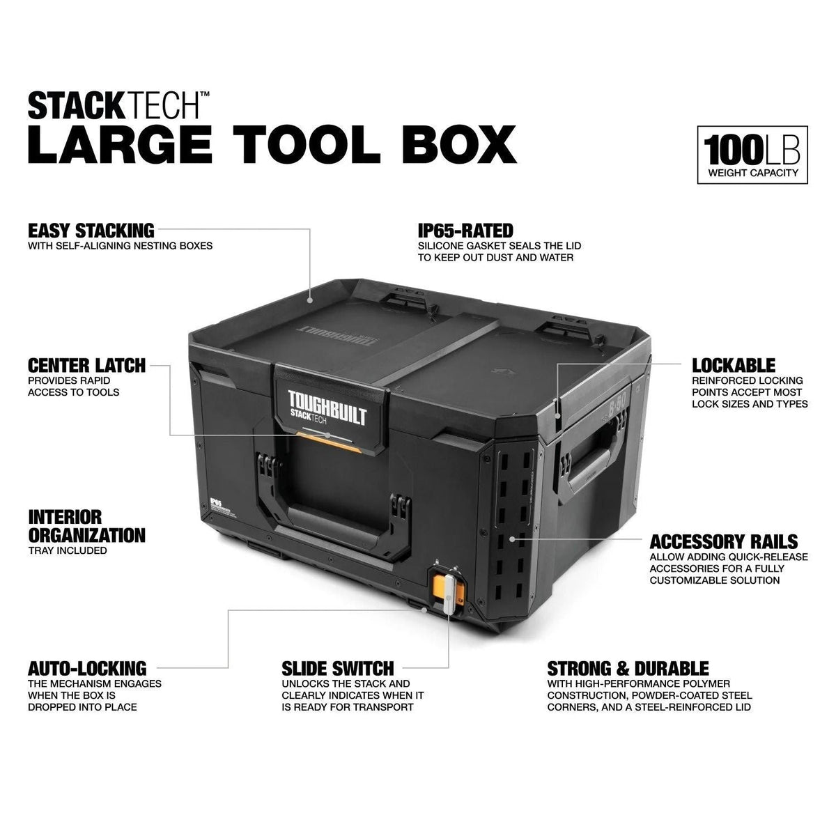 StackTech Middle Portable Modular Plastic/Metal Tool Box with Inner Tray, IP65-Rated, Black O7D3 - product image 2