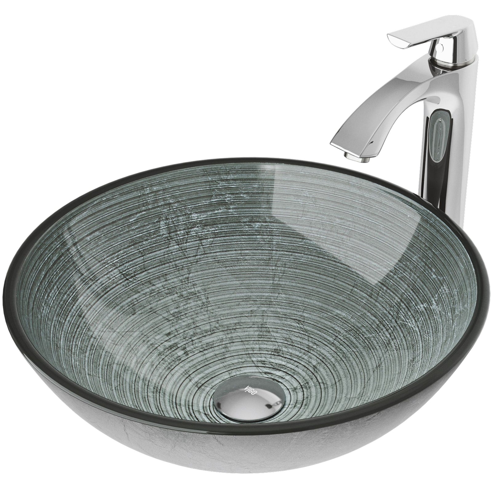 Glass Simply Silver Bathroom Sink/Basin Set with Linus Faucet and Round Vessel I0W5 - product image 1