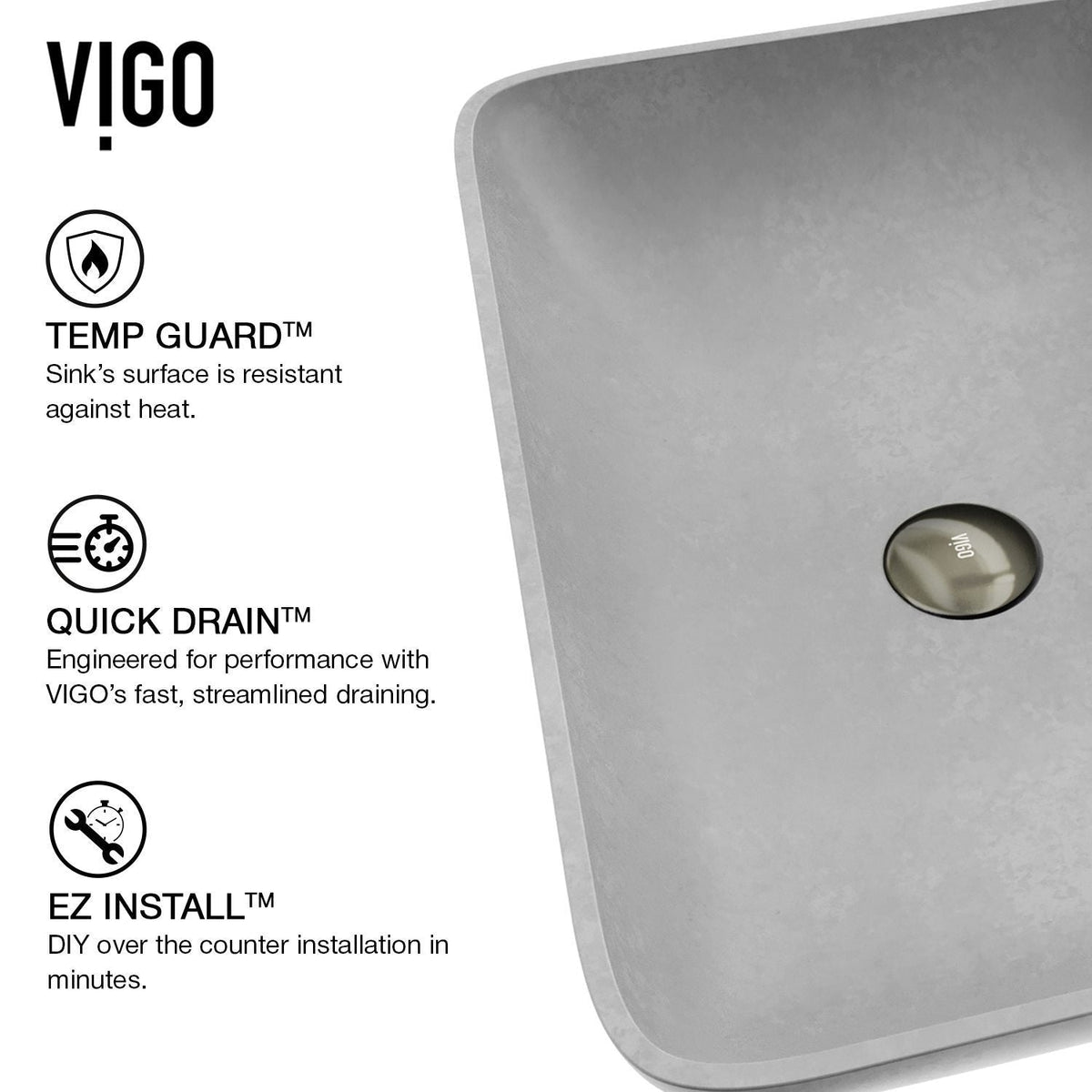 Lorca ConcretoStone Grey Bathroom Sink/Basin Set with Gotham Faucet and Rectangular Vessel S4D2 - product image 3