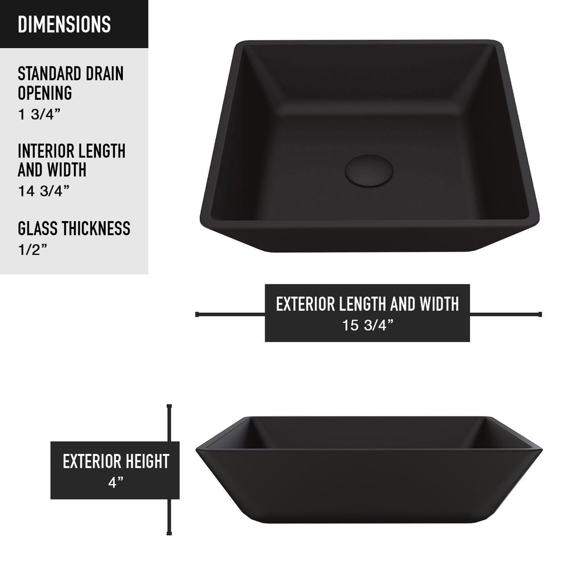 Roma Glass Square Vessel Bathroom Sink/Basin with Rounded Edges & Deep Bowl, Black M7V0 - product image 4