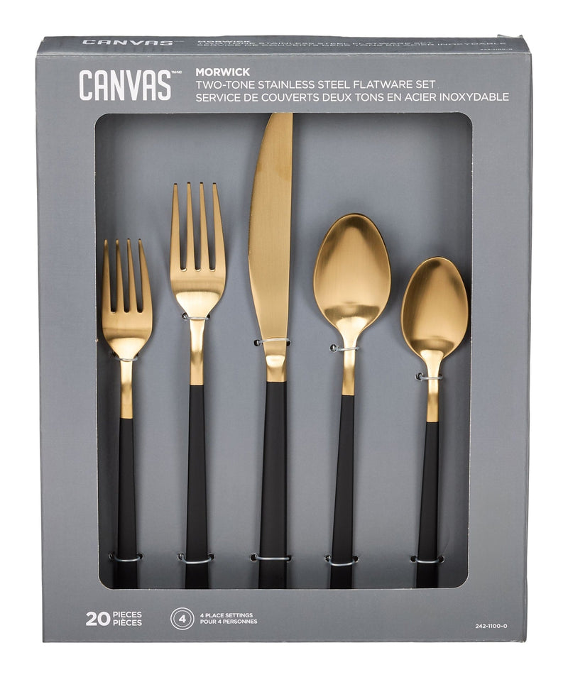 Flatware Set, Serves 4, 20-pc, Black & Gold W7Q4