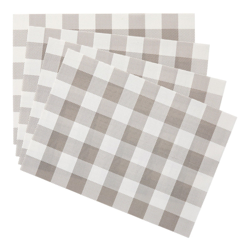 Gingham Plaid Checkered Rectangle Placemat, Silver/Ivory, 13-in x 18-in, 4-pk E8H0