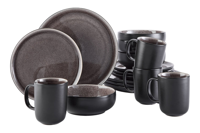 Kenway Stoneware Dinnerware Set, Serves 4, 16-pc, Matte Black & Taupe Reactive Glaze F7G3