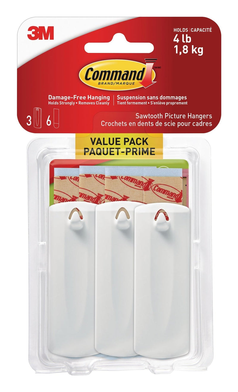 Adhesive Sawtooth Picture Hanging Hooks with Adhesive Strips, White, 4-lbs, 3 Strips per Pack E1R0