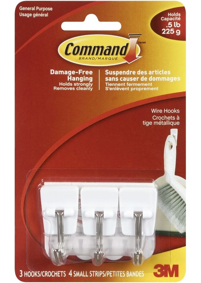 Micro Wire Utensil Hooks with Adhesive Strips, White, 0.5-lbs, 3 Strips Per Pack D9C4