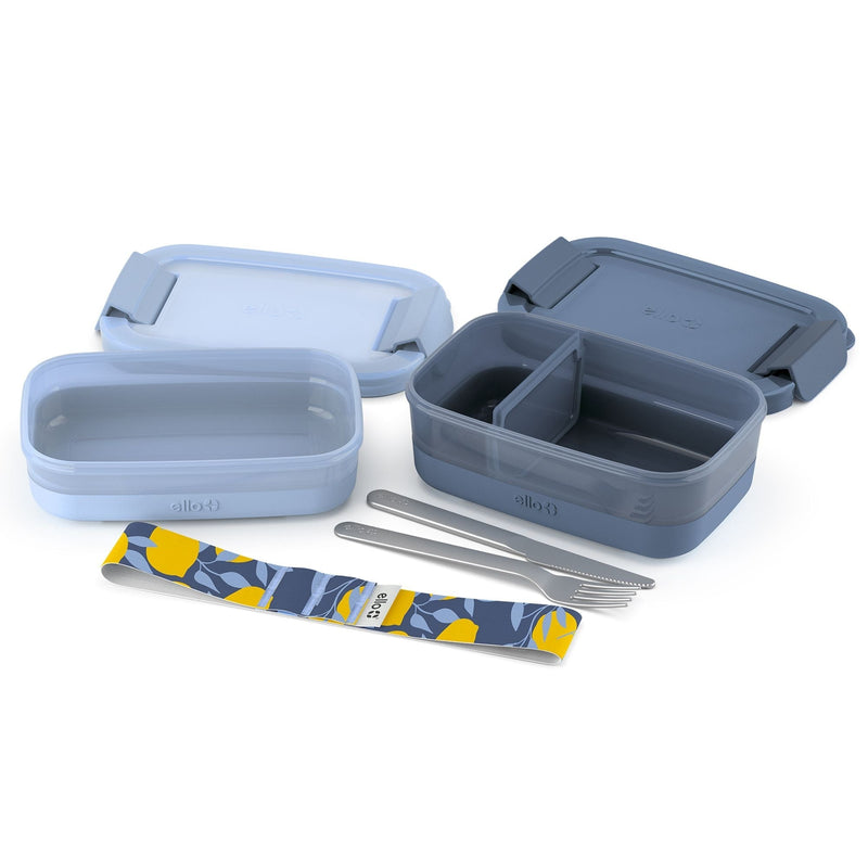 Stackable Bento Lunch Food Storage Container with Stainless Steel Flatware, Blue, 2-pk J7O5