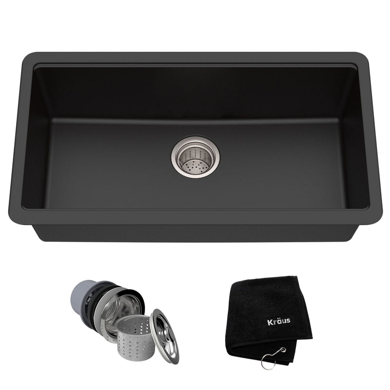 Quarza Undermount Granite Single Bowl Kitchen Sink, Black Onyx, 31x17x9-in L4H4