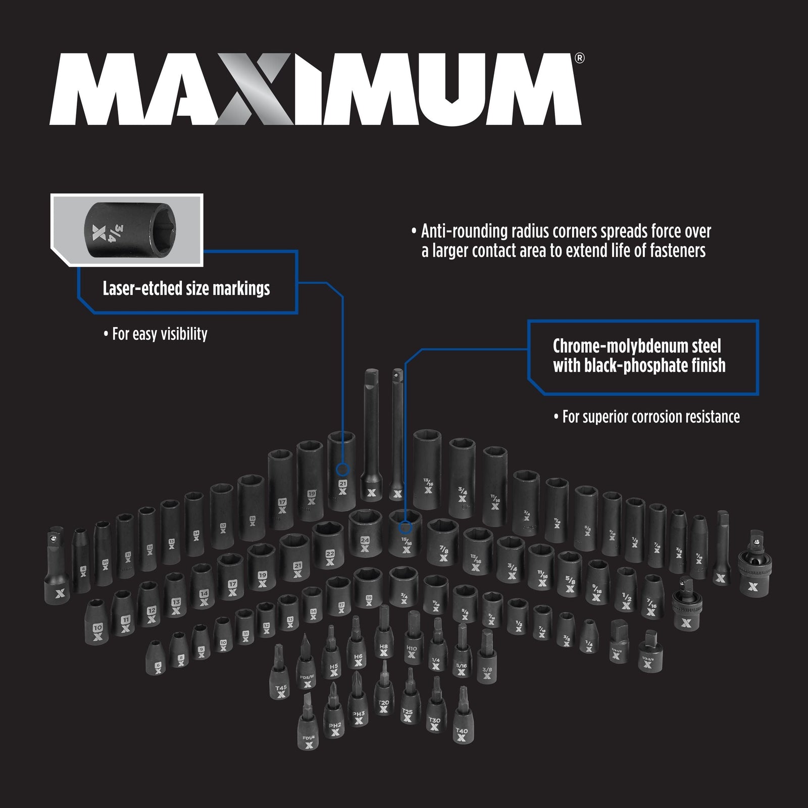 3/8-in & 1/2-in Drive Professional Grade Impact Socket Set, 83-pc, CRMO Y0S0 - product image 5