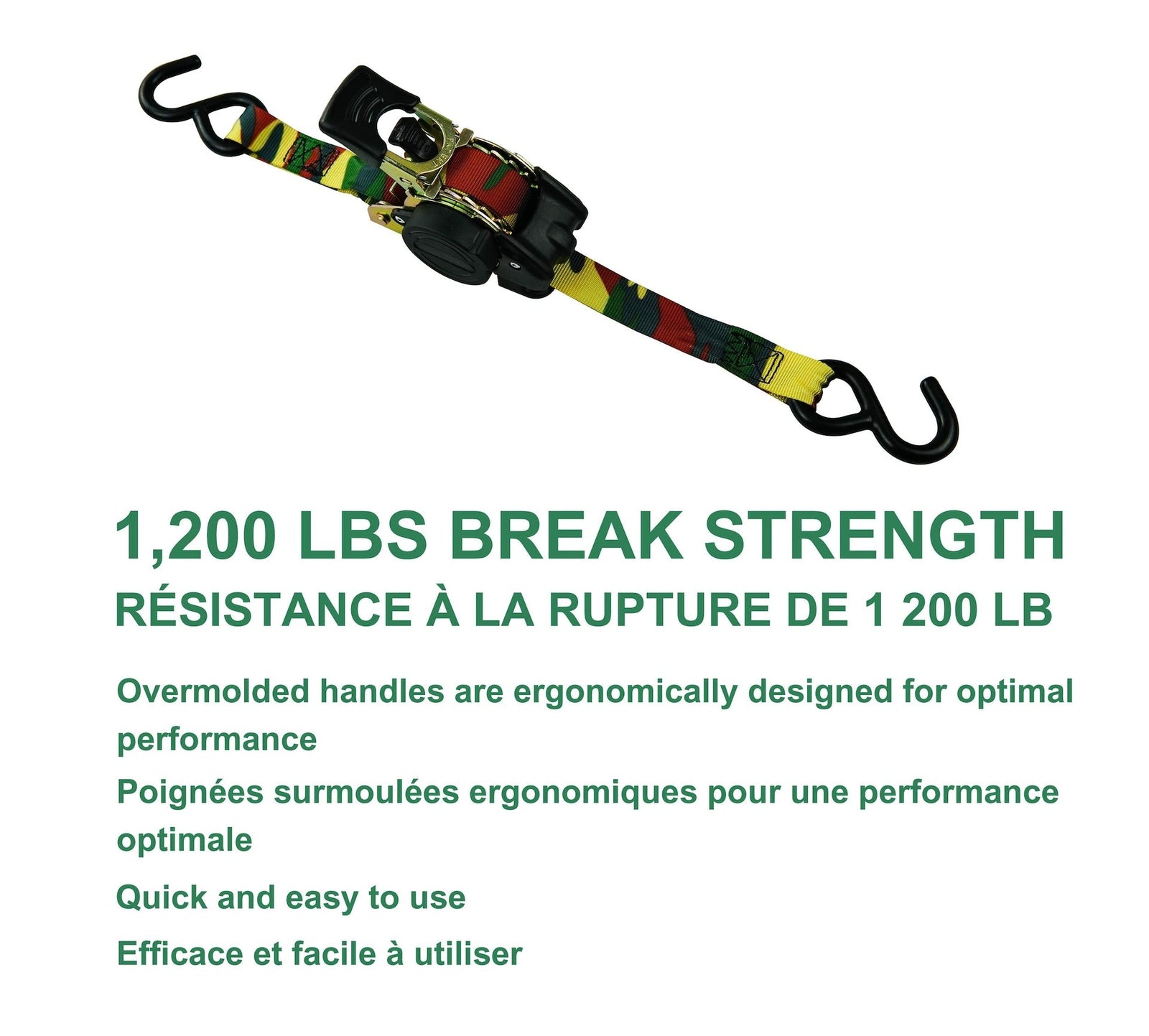 1,200-lb Retractable Camo Ratchet Tie Down Straps, 1-in x 10-ft, 2-pk M1F3 - product image 6