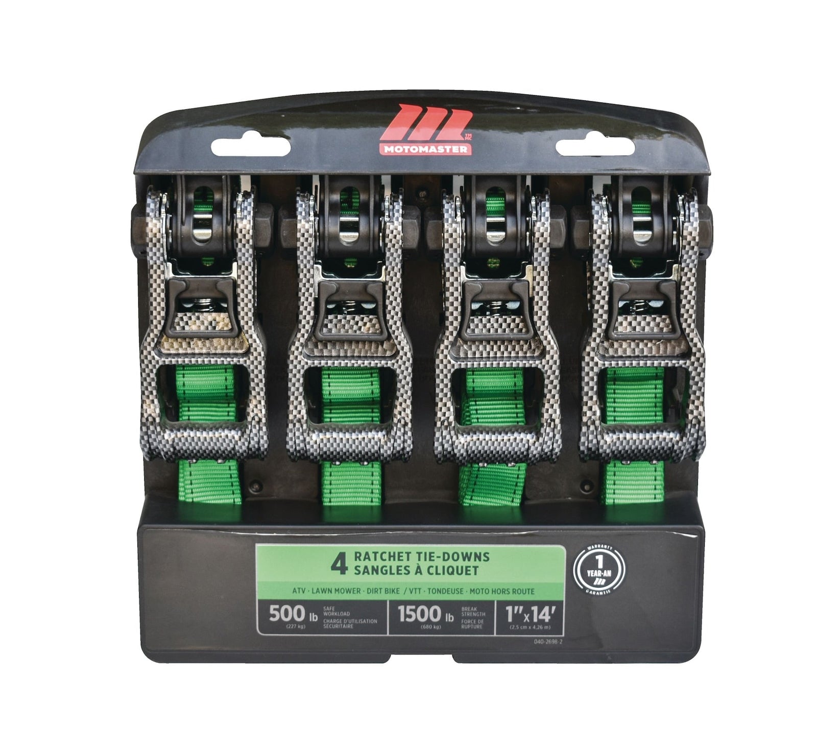 1,500-lb Carbon Ratchet Tie Downs, Weatherproof, 1-in x 14-ft, 4-pk, Green S2W1 - product image 1