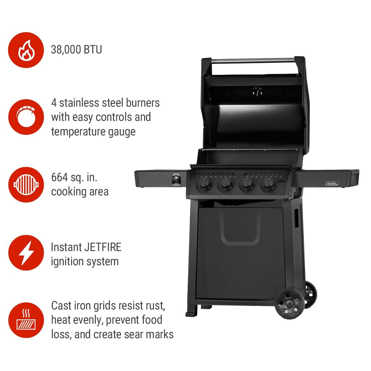 Rebel 425 4-Burner LP Gas BBQ, Matte Black D1M5 - product image 3