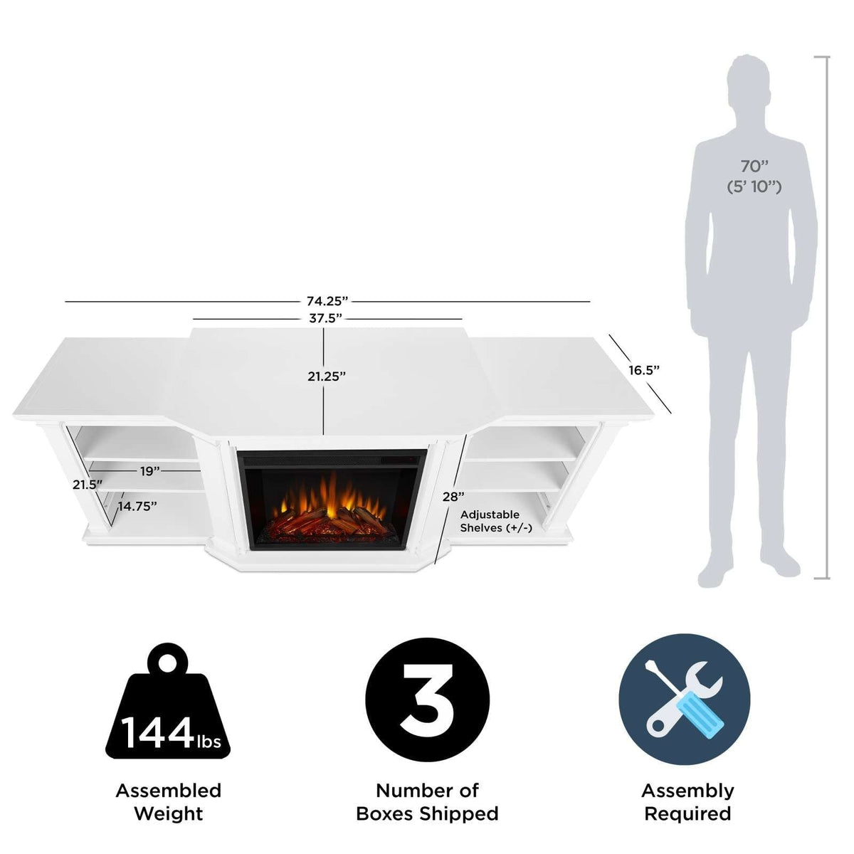 Flame Valmont Media Indoor Electric Fireplace TV Stand, 74-in, 1500W, Includes Remote Control & Firebox, White V4Z7 - product image 6