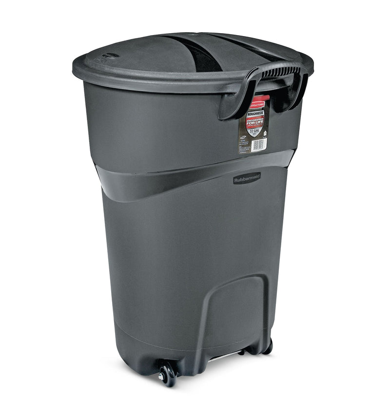 Plastic Circular Wheeled Garbage Can with Handle, Black, 121-L F1F1
