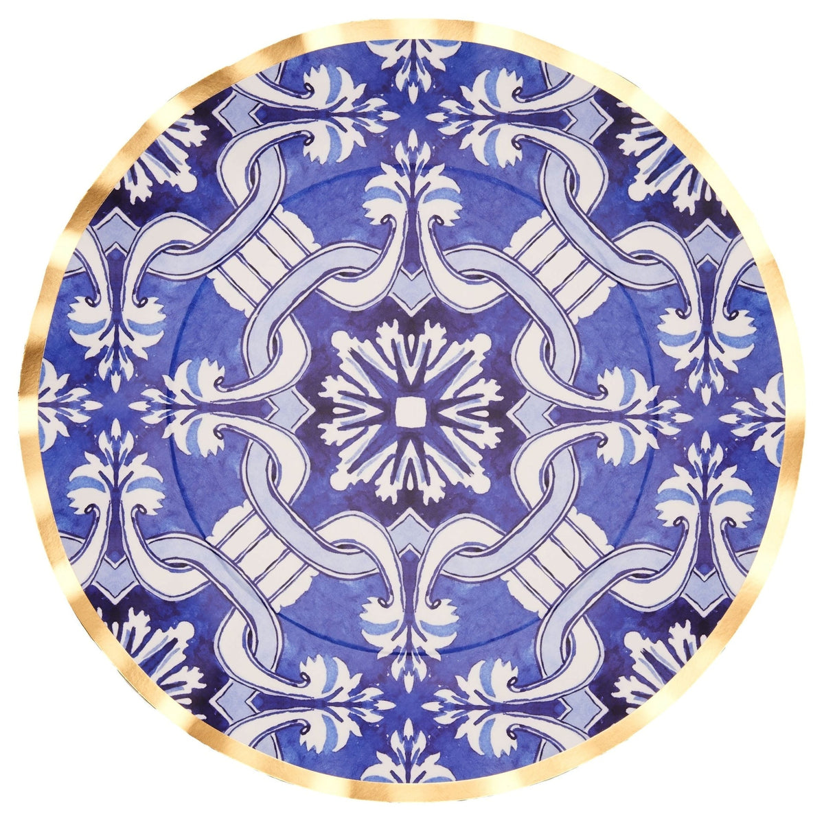 Moroccan Nights Round Bordered Trimmed Paper Disposable Dinner Plates, Blue/Gold, Tile, 10-in, 8-pk, for Mother's Day/Easter W4J2 - product image 1