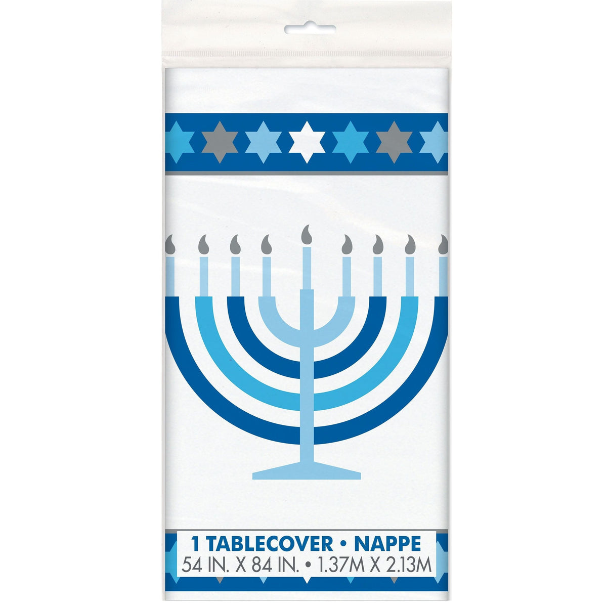 Rectangle Plastic Reusable Table Cover, White/Blue, 54x108-in, for Hanukkah A8M1 - product image 1