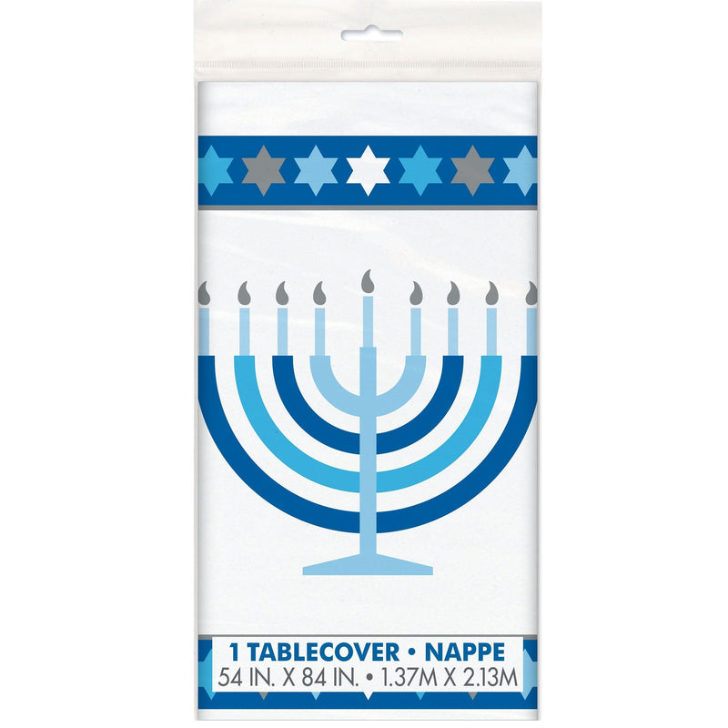 Rectangle Plastic Reusable Table Cover, White/Blue, 54x108-in, for Hanukkah A8M1
