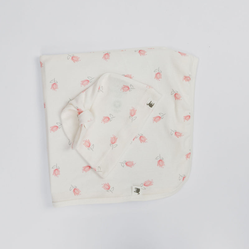 The Elk Baby Tulip Print Premium Organic Cotton Blanket and Beanie Set W1O1