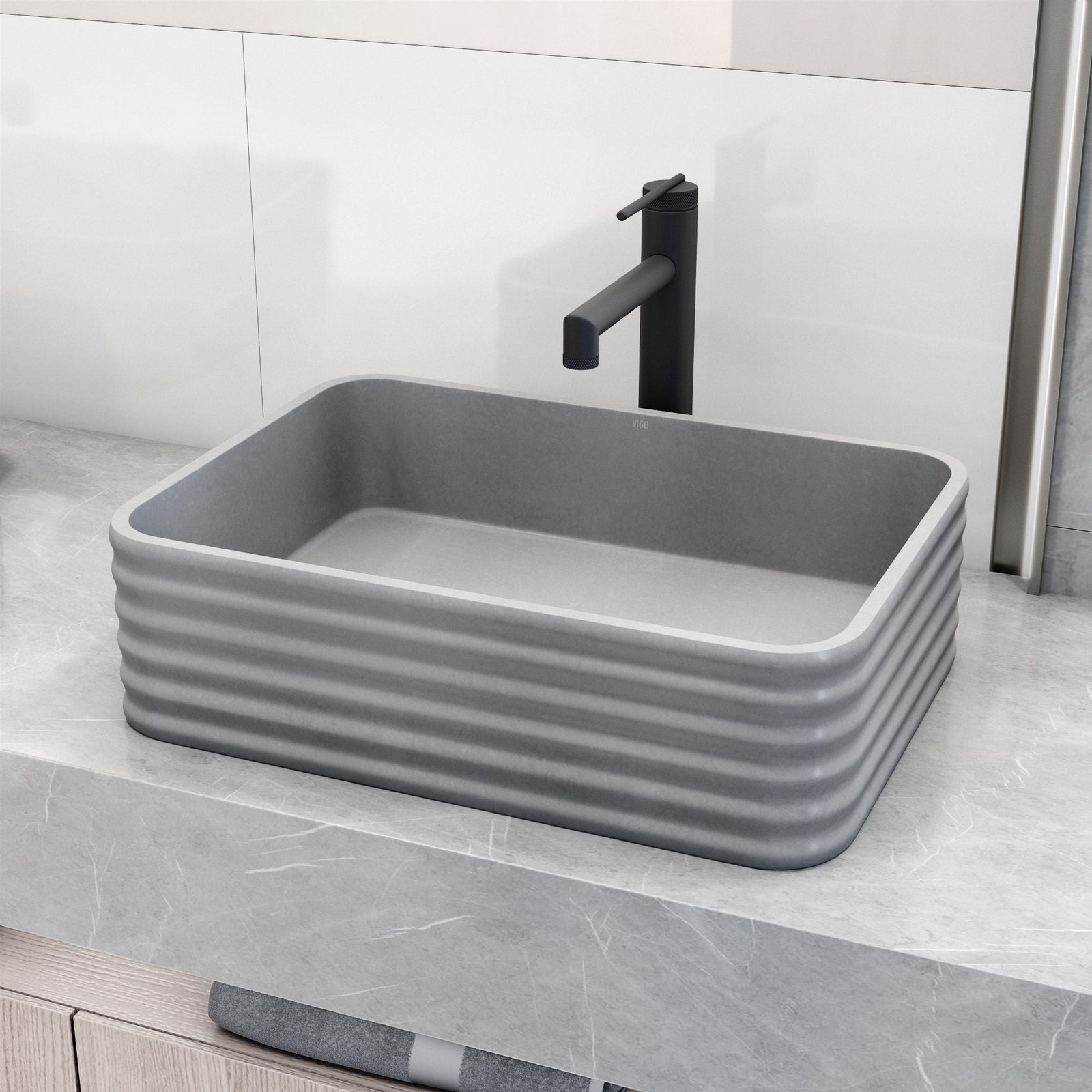 Cadman ConcretoStone 18-in Deep Grey Bathroom Sink/Basin with Rectangular Fluted Vessel A3C5 - product image 6