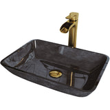 Glass Grey Onyx Bathroom Sink/Basin Set with Matte Gold Niko Faucet and Rectangular Vessel P5G0 - product image 1
