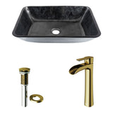 Glass Grey Onyx Bathroom Sink/Basin Set with Matte Gold Niko Faucet and Rectangular Vessel P5G0 - product image 2