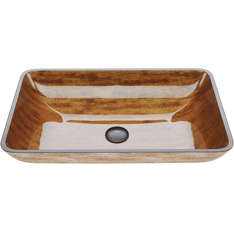 Glass Rectangular Vessel Bathroom Sink/Basin with Rounded Edges & Deep Bowl, Amber Sunset L6E7