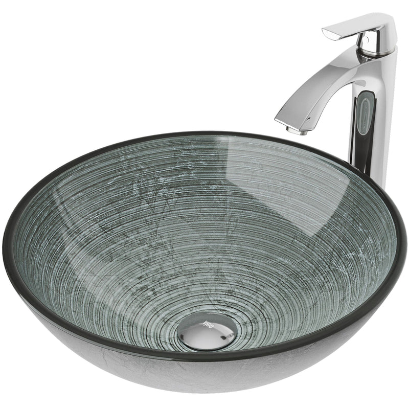 Glass Simply Silver Bathroom Sink/Basin Set with Linus Faucet and Round Vessel I0W5