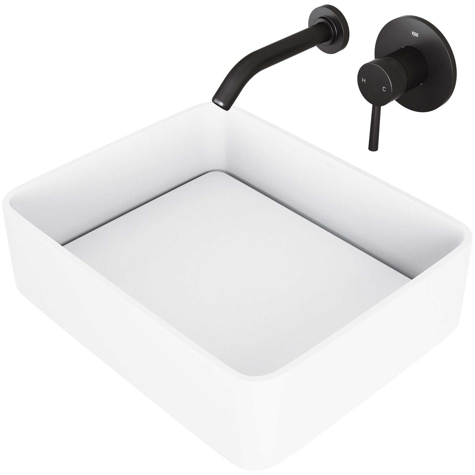 Jasmine MatteStone White Bathroom Sink/Basin Set with Olus Wall Mount Faucet and Rectangular Composite Vessel H6J2 - product image 1