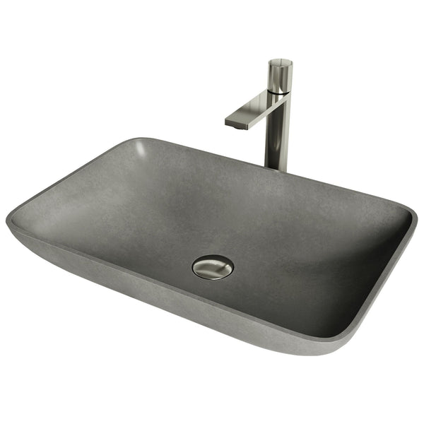Lorca ConcretoStone Grey Bathroom Sink/Basin Set with Gotham Faucet and Rectangular Vessel S4D2