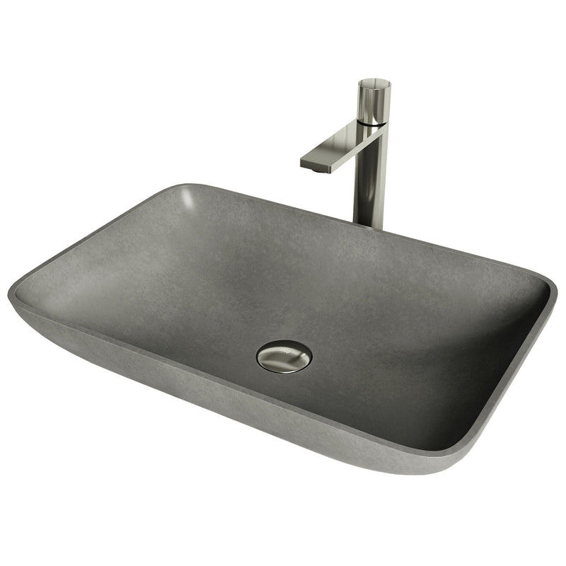 Lorca ConcretoStone Grey Bathroom Sink/Basin Set with Gotham Faucet and Rectangular Vessel S4D2
