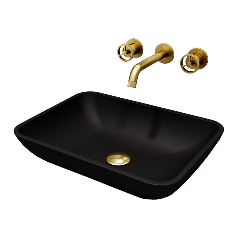Sottile MatteShell Matte Black Bathroom Sink/Basin Set with Cass Wall Mount Faucet and Glass Rectangular Vessel P9H0