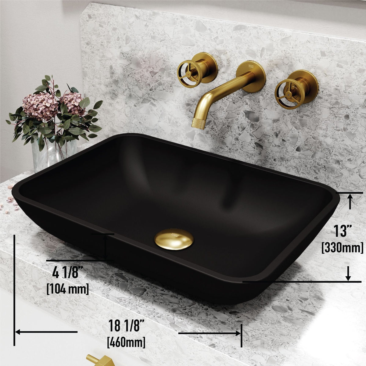 Sottile MatteShell Matte Black Bathroom Sink/Basin Set with Cass Wall Mount Faucet and Glass Rectangular Vessel P9H0 - product image 3
