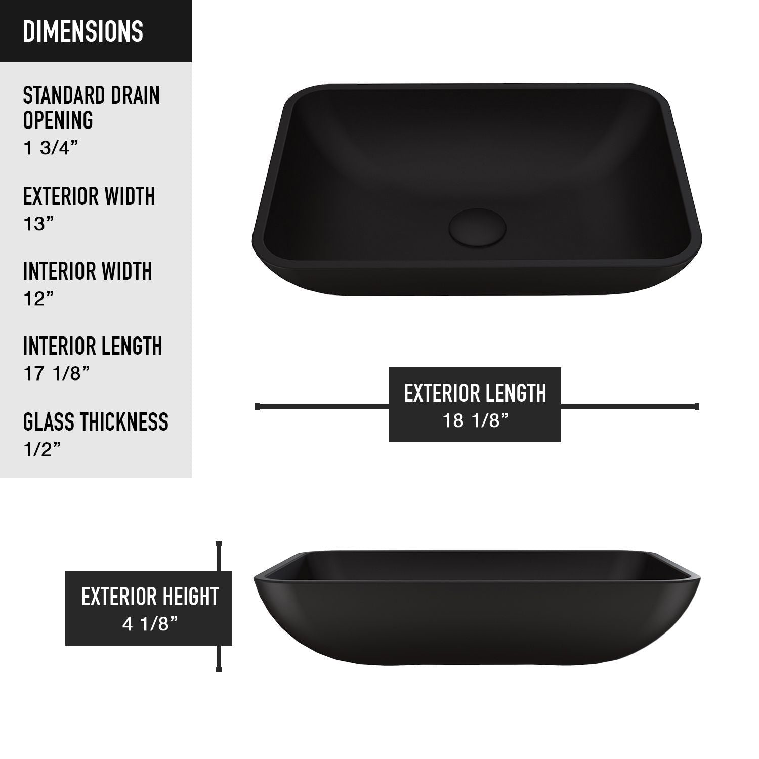 Sottile MatteShell Rectangular Vessel Bathroom Sink/Basin with Deep Bowl, Black K1K2 - product image 3